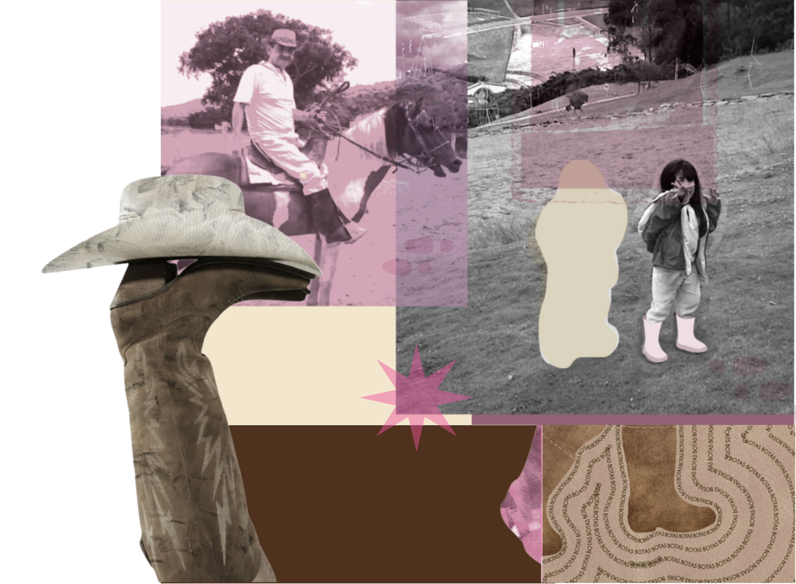 Collage: botas, campo y fotografías familiares