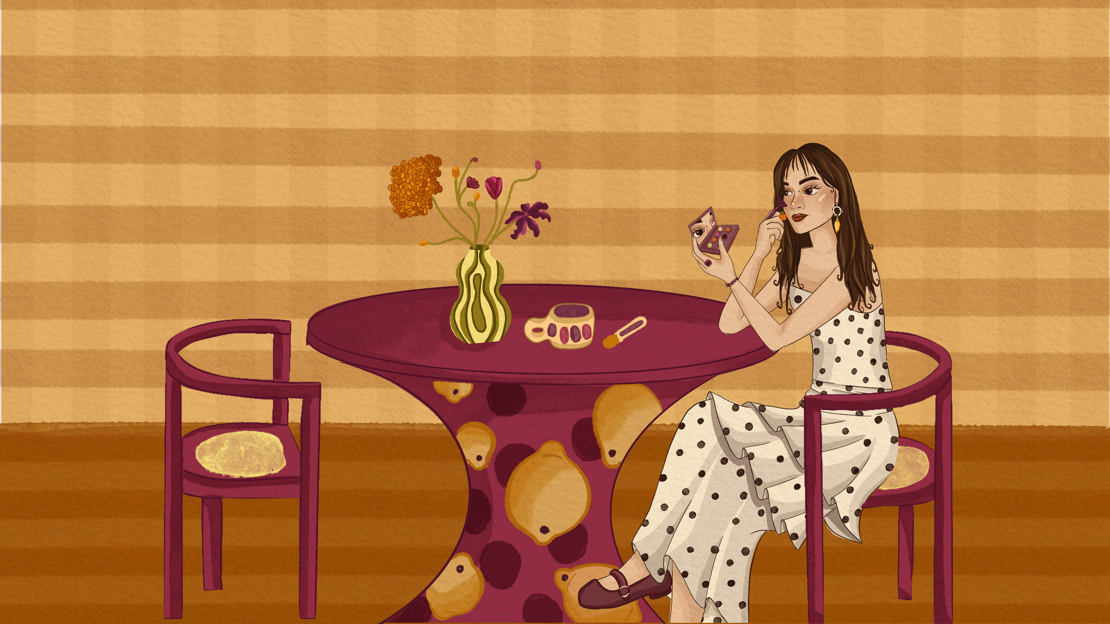 Ilustración final: Ana en la cafetería retocando su maquillaje