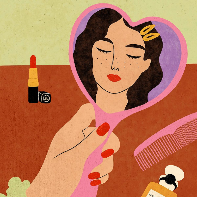 Ilustración: mujer mirándose en un espejo de corazón
