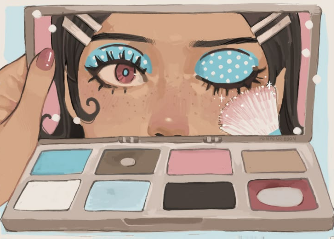 Ilustración: ojo reflejado en la paleta de maquillaje