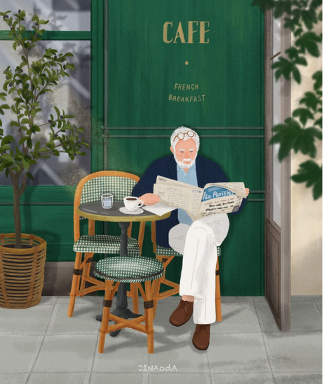 Ilustración: señor leyendo el periódico frente al café