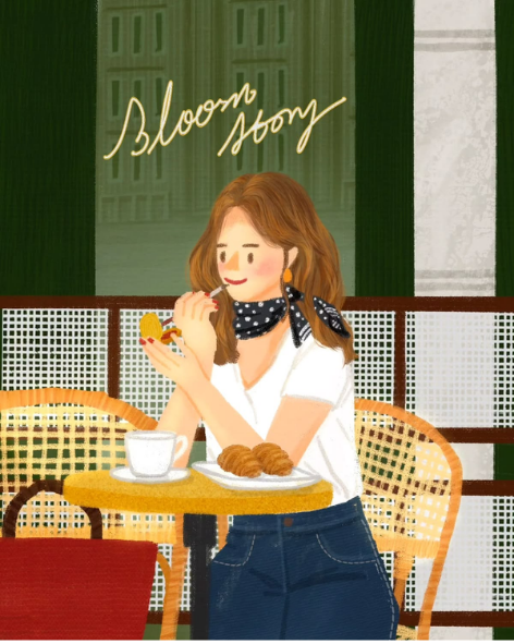 Ilustración: chica desayunando en un café