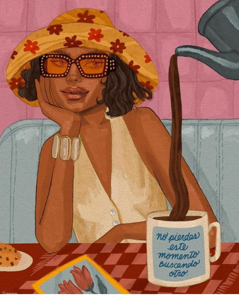 Ilustración: chica con sombrero de flores y taza de café