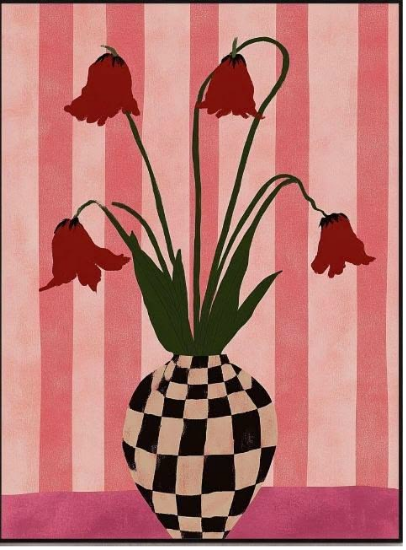 Ilustración: jarrón de cuadros con tulipanes