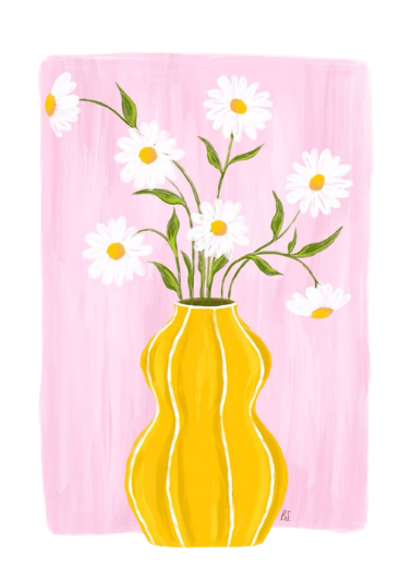 Ilustración: jarrón amarillo con margaritas