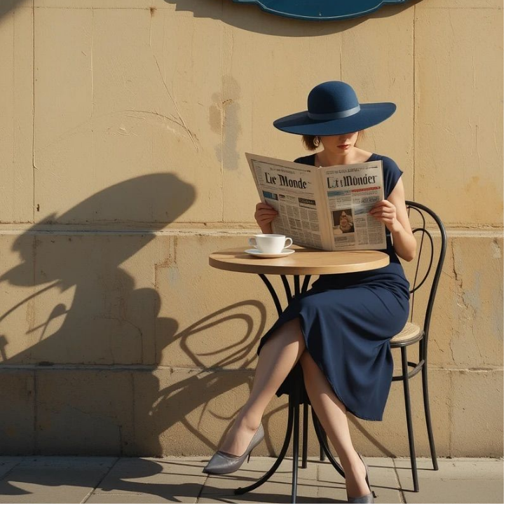 Mujer leyendo el periódico en una mesa de café