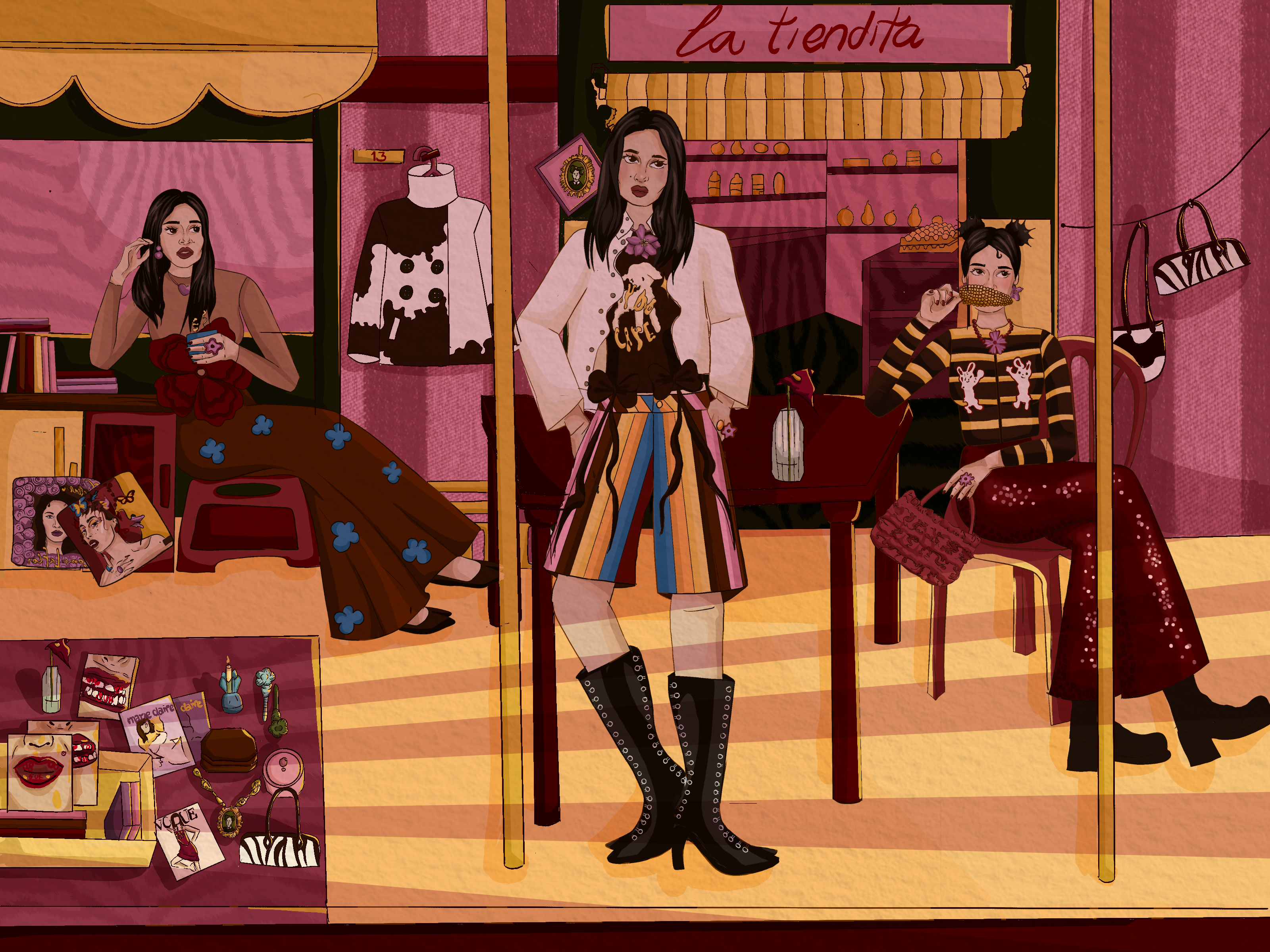 Ilustración final: la tiendita con Daniela en tres outfits