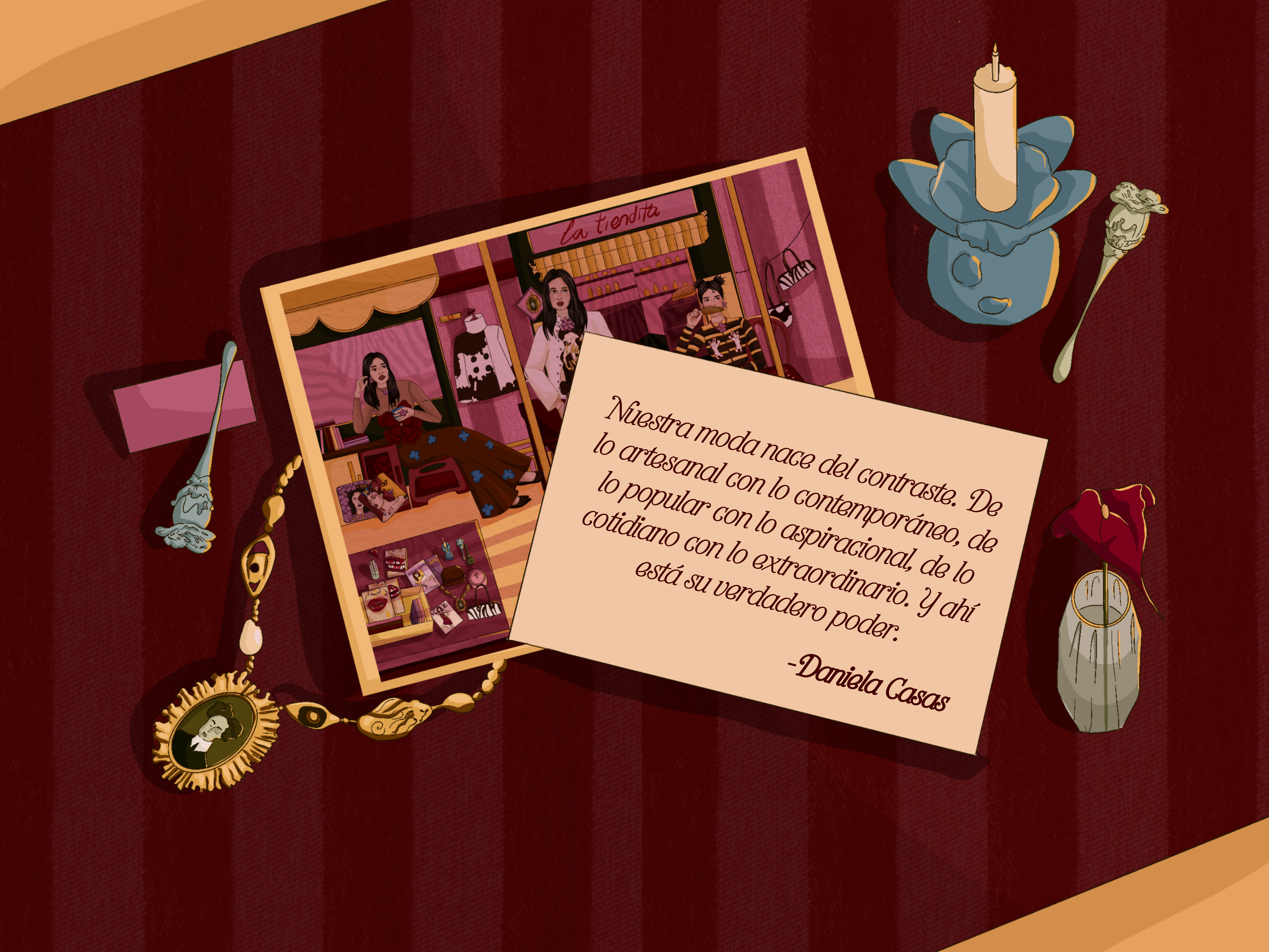 Ilustración final: fragmentos de Daniela con la postal y su frase