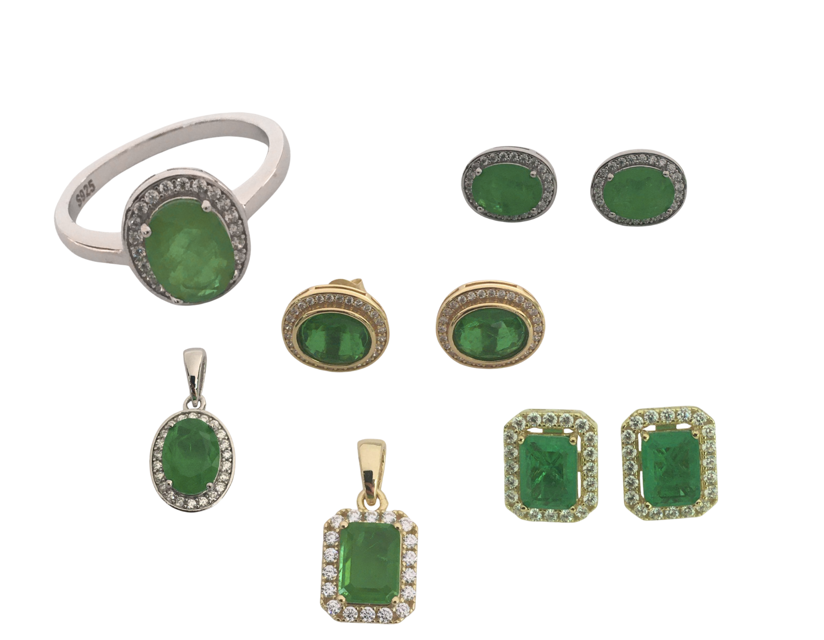 Piezas de la colección flotando: anillos, aretes y dijes con esmeraldas