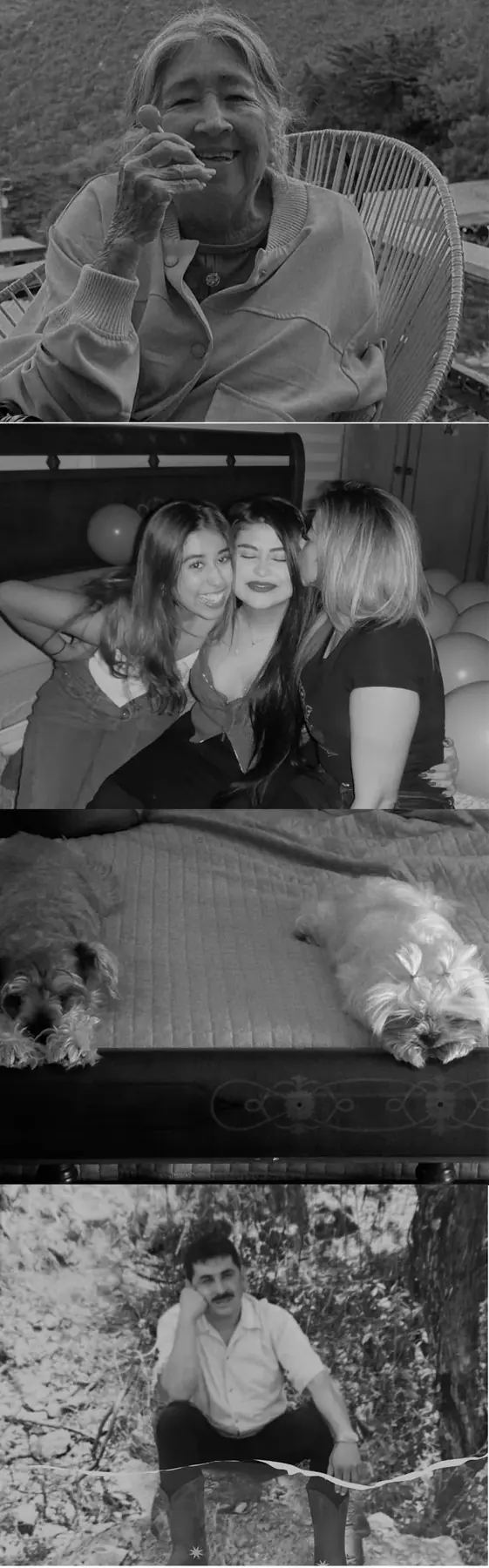 Tira de fotos en blanco y negro de la familia de Majo