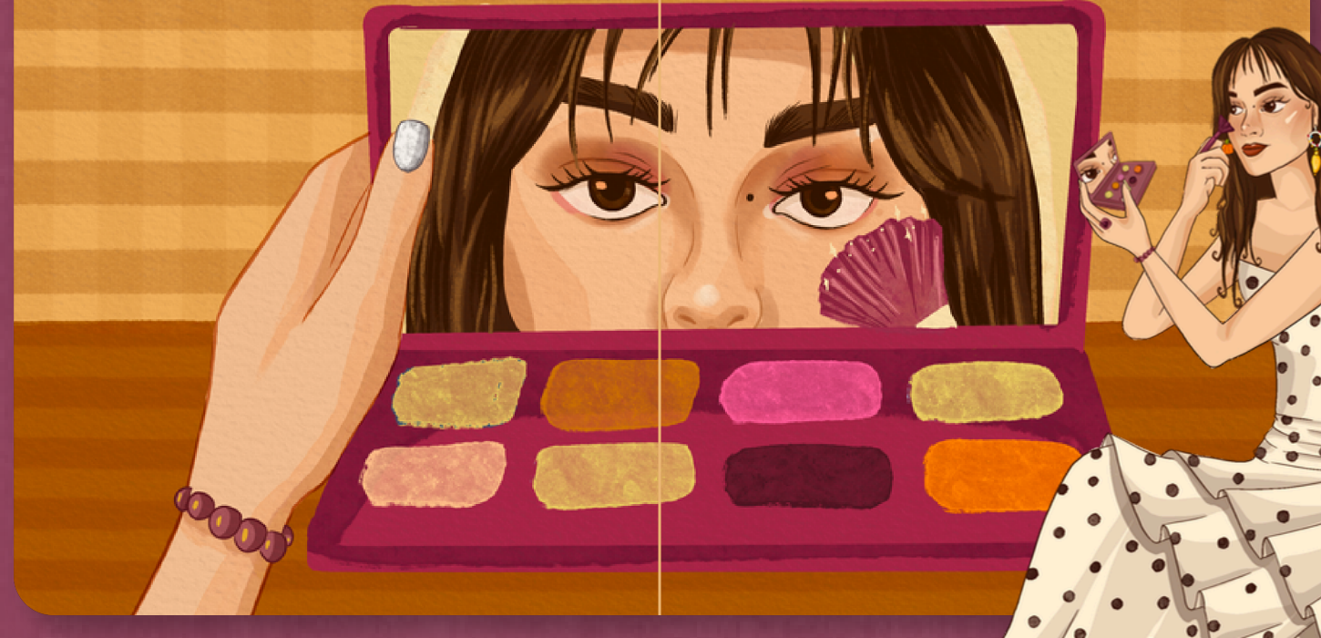 Ilustración final: reflejo de Ana en la paleta de maquillaje