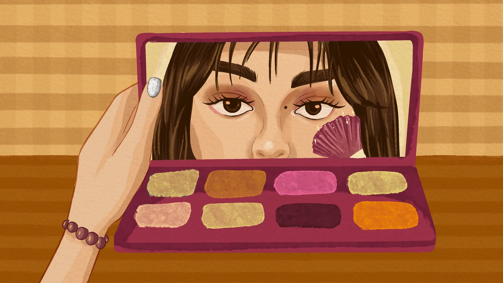 Ilustración final: reflejo de Ana en la paleta de maquillaje