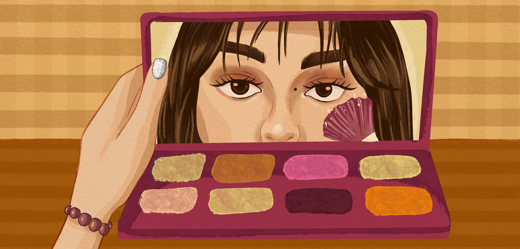 Ilustración: Ana reflejada en el espejo de una paleta de maquillaje