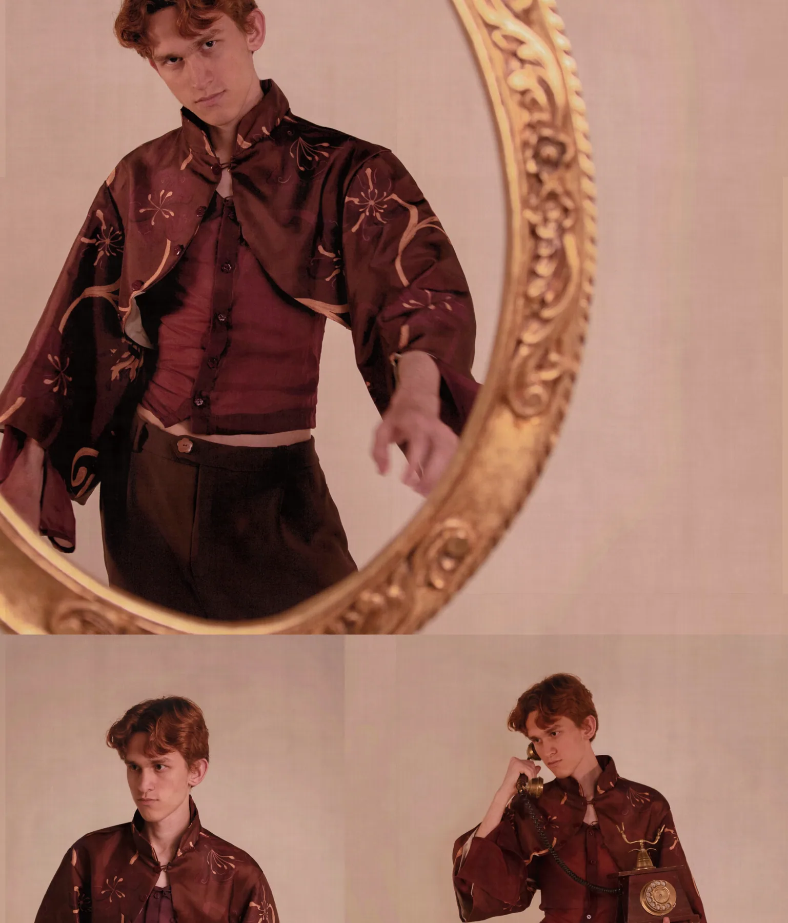 Editorial de la colección: camisa de organza vinotinto con pantalón café