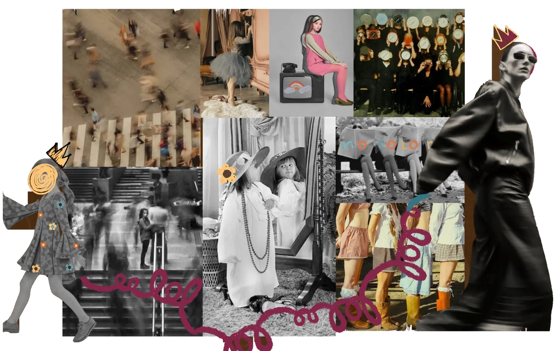Collage de referencias: siluetas, texturas y color de los años 70 y 80