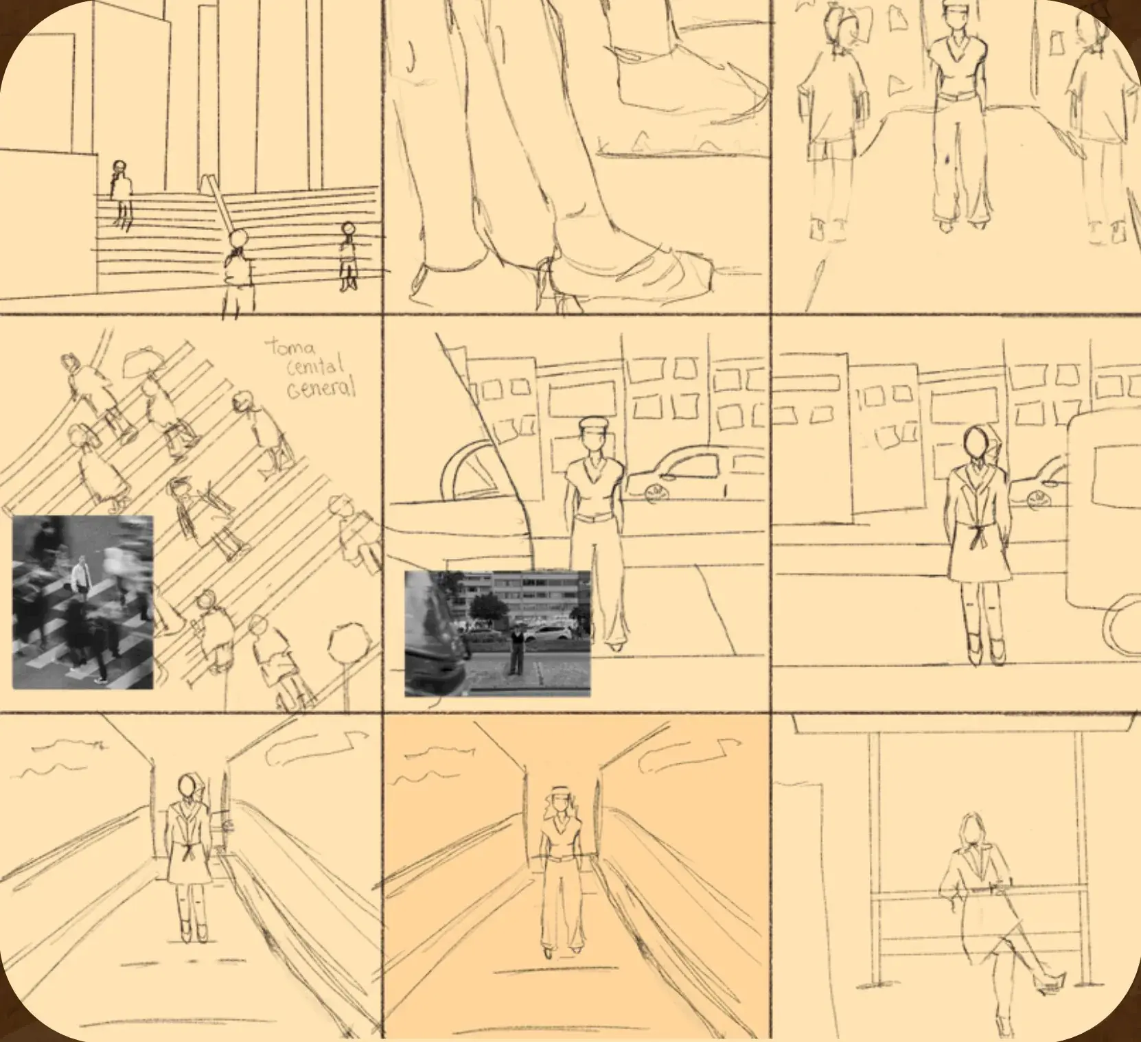 Storyboard de la escena 1: la mujer en la oficina y en la calle