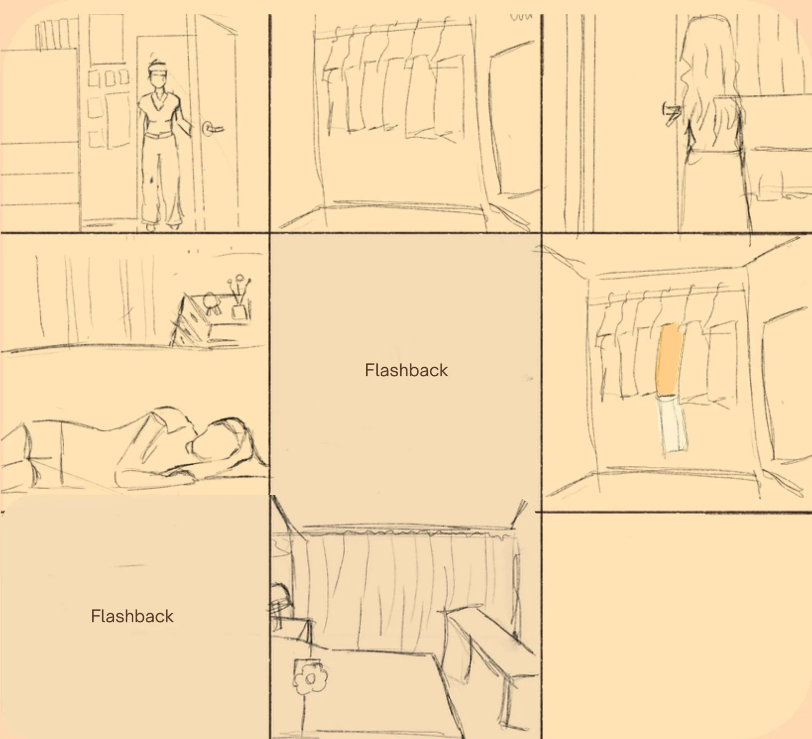 Storyboard de la escena 2: el flashback en el cuarto