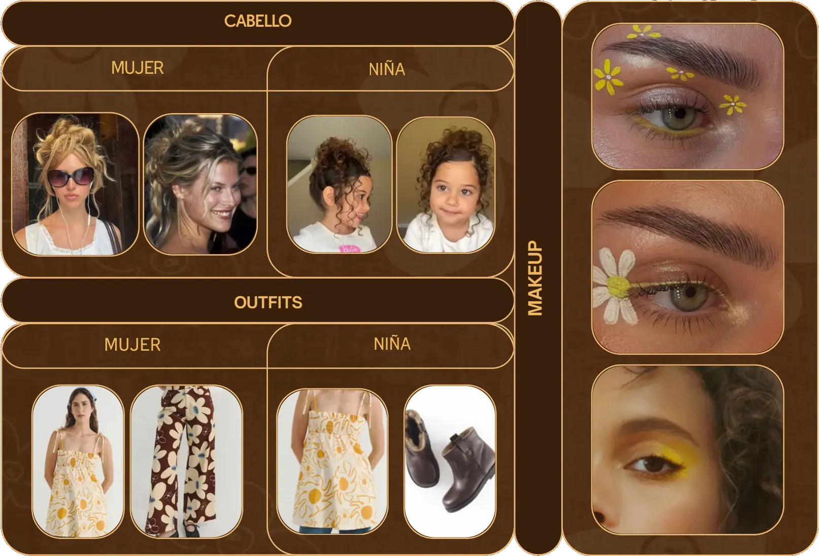 Tablero de styling de la escena 1: cabello, outfits y maquillaje de la mujer y la niña