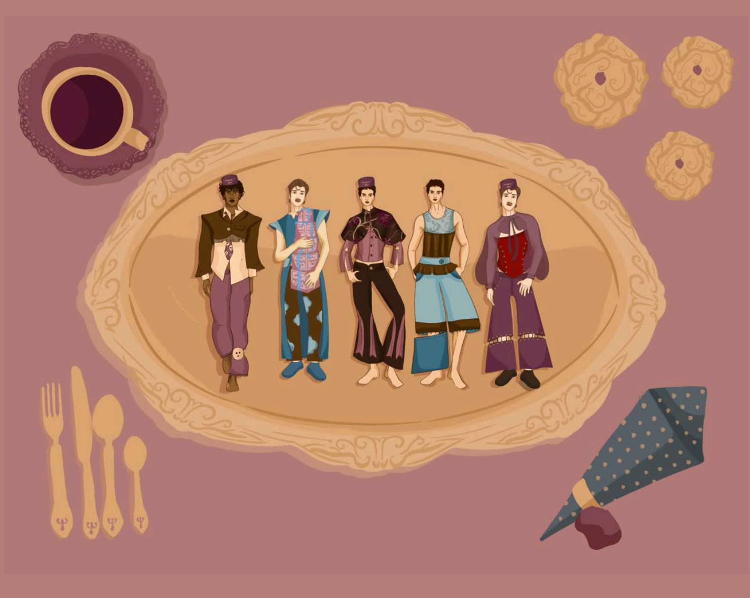 Figurines servidos sobre un plato ilustrado con galletas y café