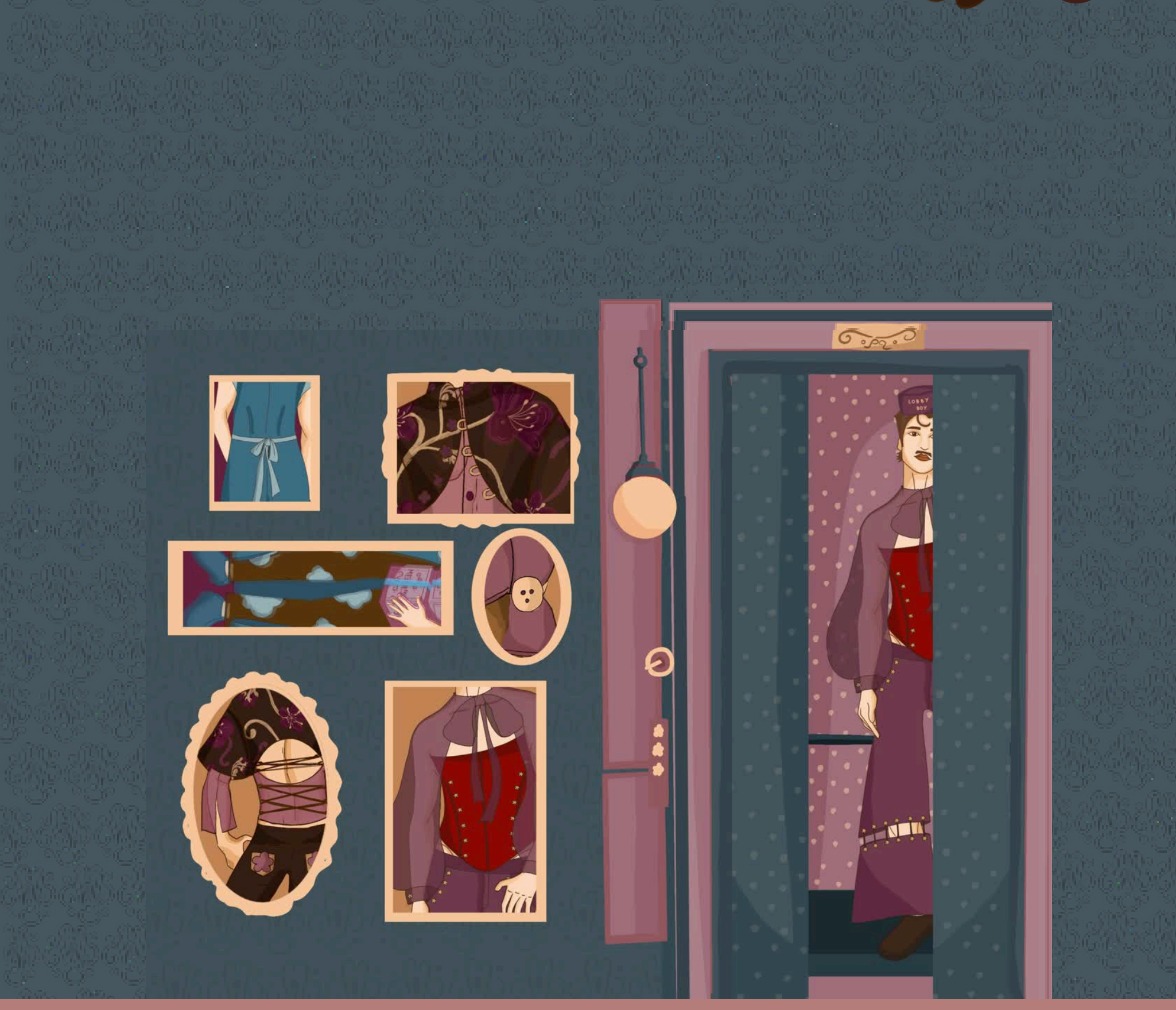 Cuadros con detalles de los diseños y personaje en la puerta