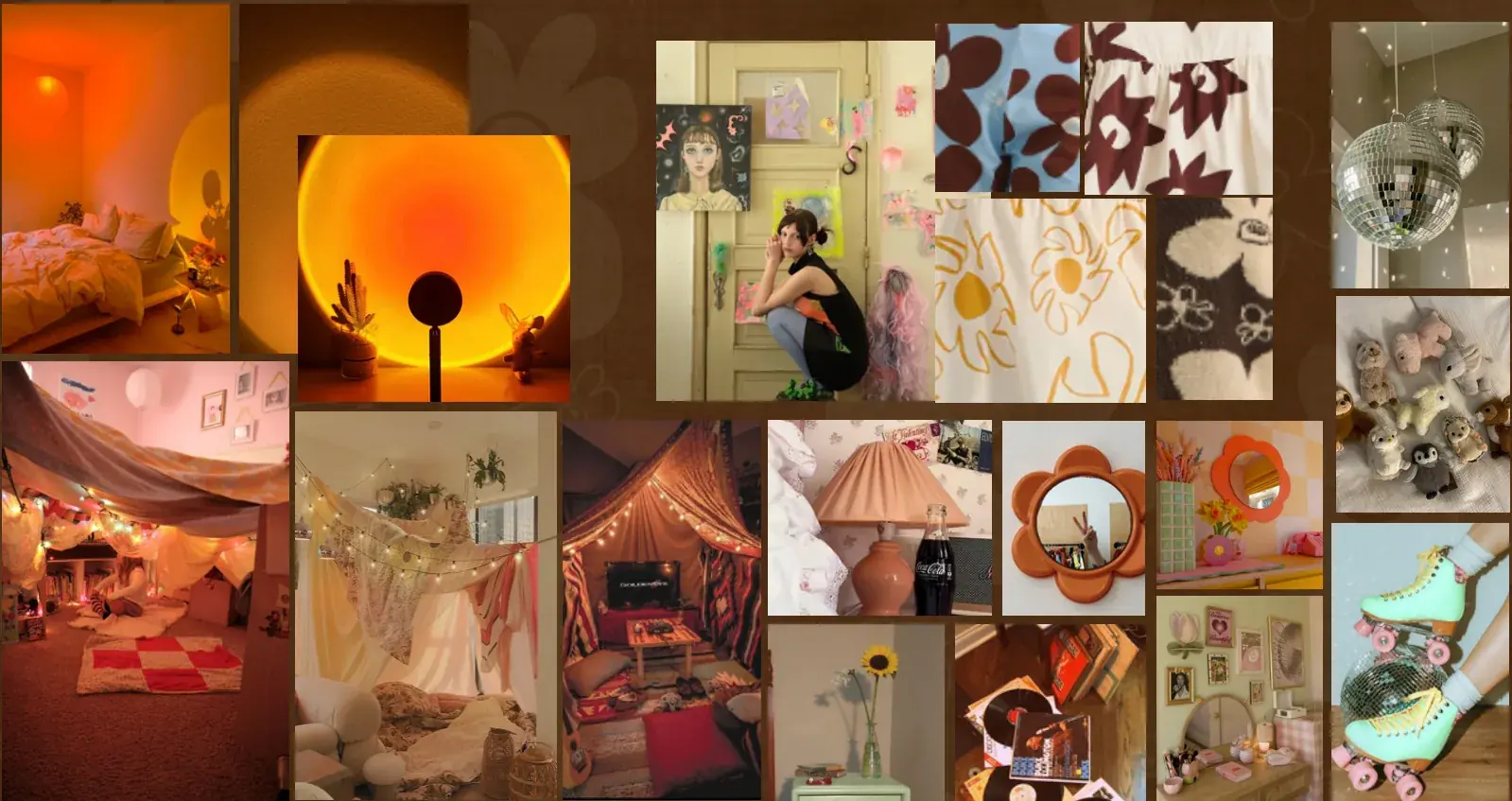 Referencias de escenografía: luces cálidas, fuerte de cobijas, dibujos en la pared y utilería decorativa de los años 70