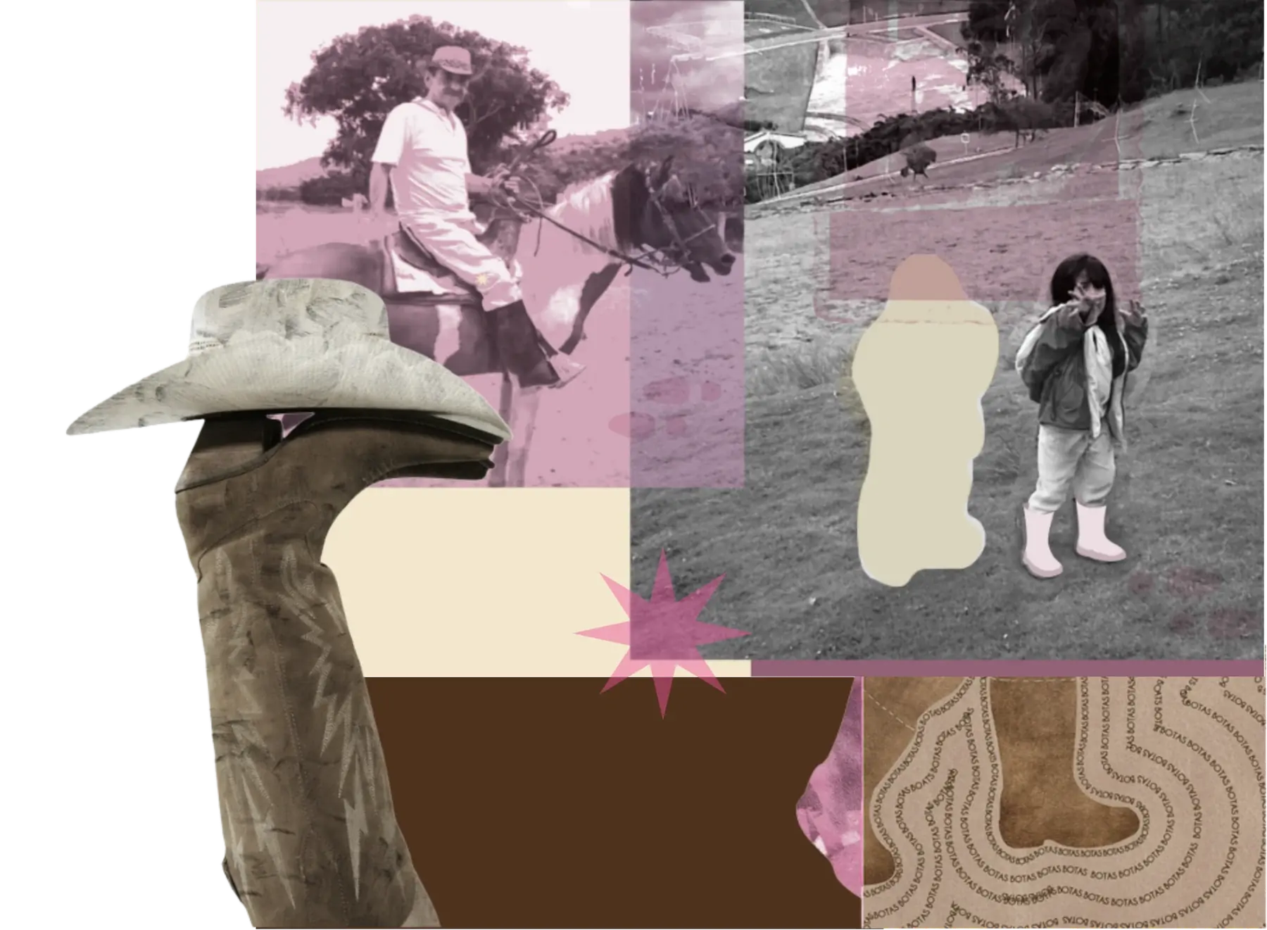Collage: botas, campo y fotografías familiares