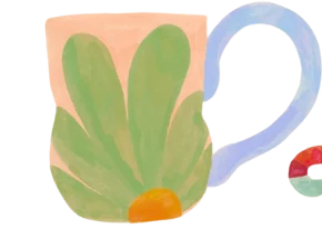 Taza azul con hoja verde