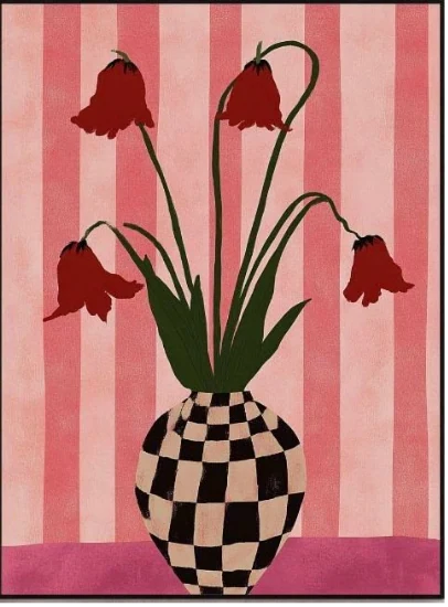 Ilustración: jarrón de cuadros con tulipanes