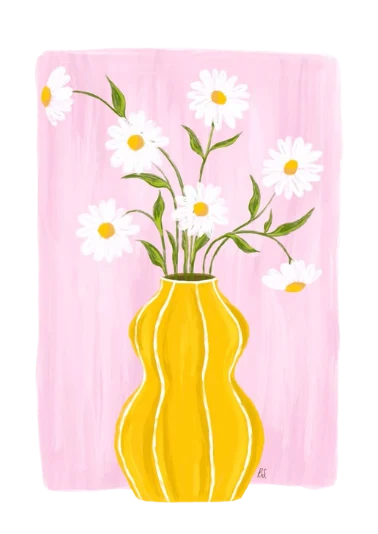 Ilustración: jarrón amarillo con margaritas
