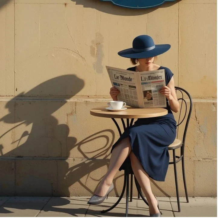 Mujer leyendo el periódico en una mesa de café