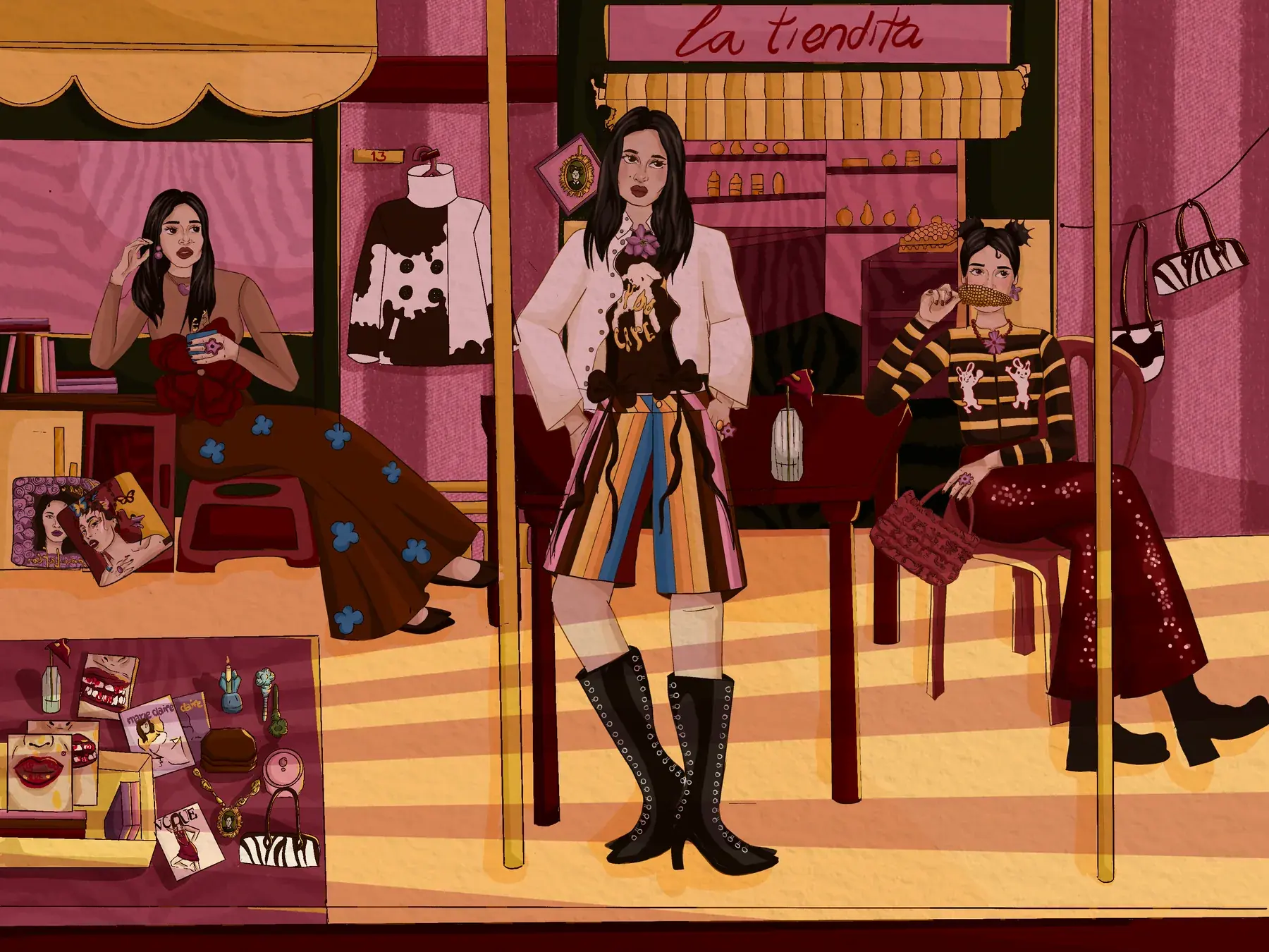 Ilustración final: la tiendita con Daniela en tres outfits