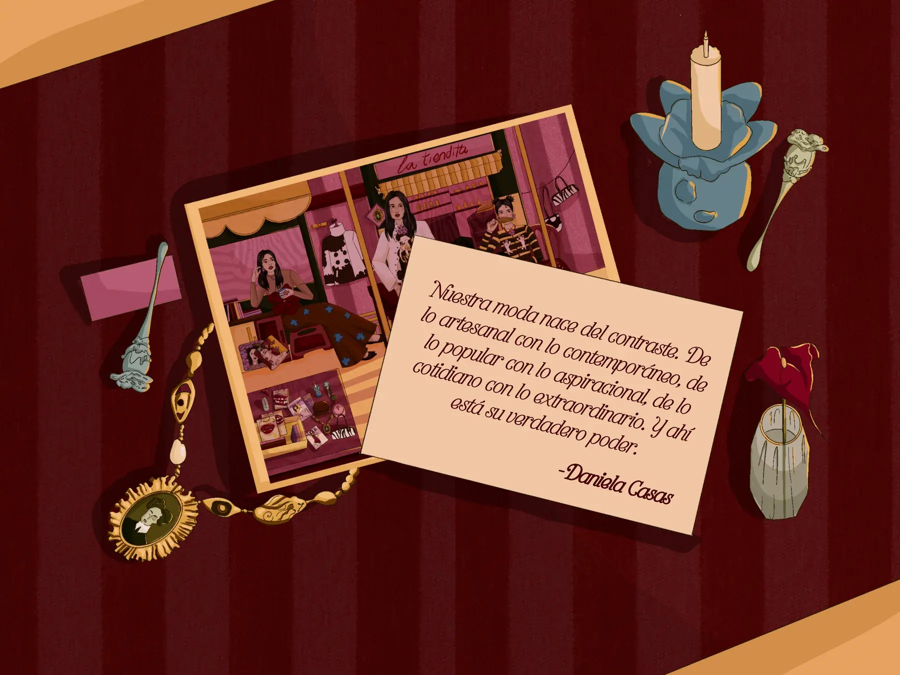 Ilustración final: fragmentos de Daniela con la postal y su frase