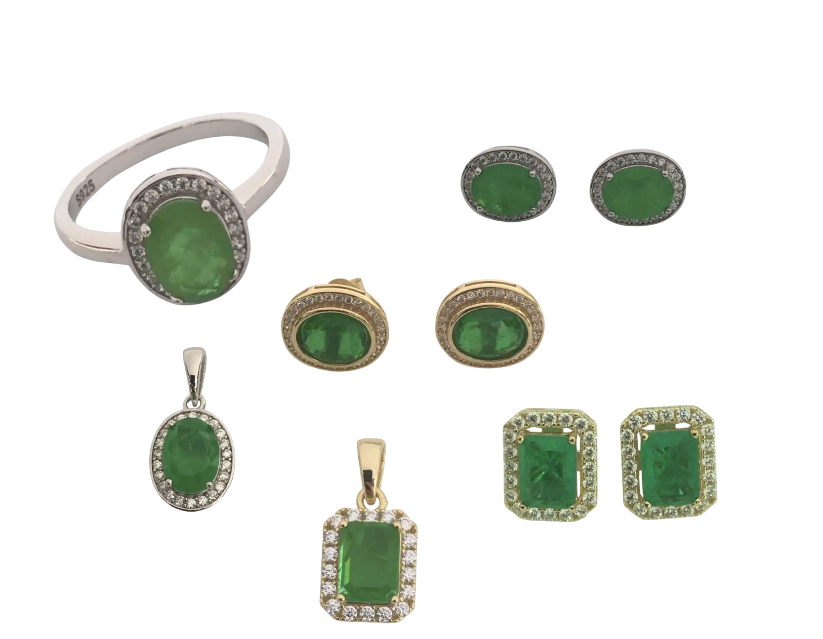 Piezas de la colección flotando: anillos, aretes y dijes con esmeraldas